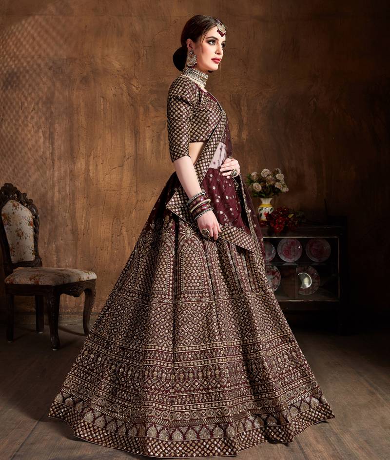 Mesmerizing Maroon Zari & Glitter Sequins Embroidered Art Silk wedding Lehenga
