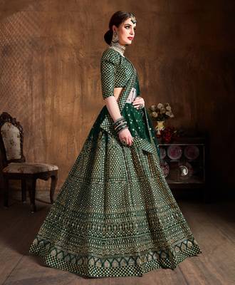 Marvelous Green Zari & Glitter Sequins Embroidered Art Silk Bridal Lehenga Choli 5