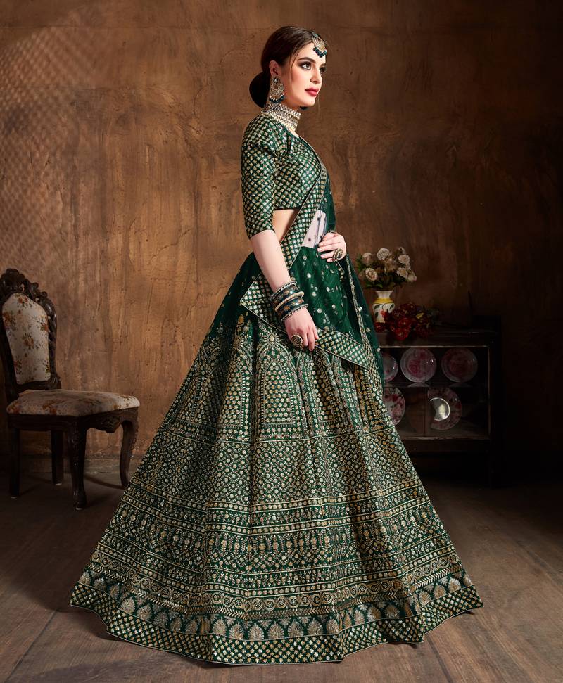 Marvelous Green Zari & Glitter Sequins Embroidered Art Silk Bridal Lehenga Choli