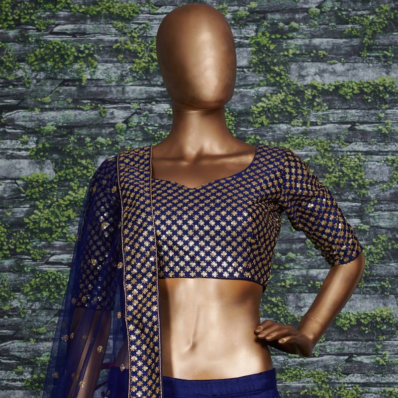 Navy Blue Zari &Glitter Sequins Embroidered Art Silk Party Wear Lehenga