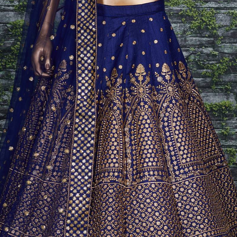 Navy Blue Zari &Glitter Sequins Embroidered Art Silk Party Wear Lehenga