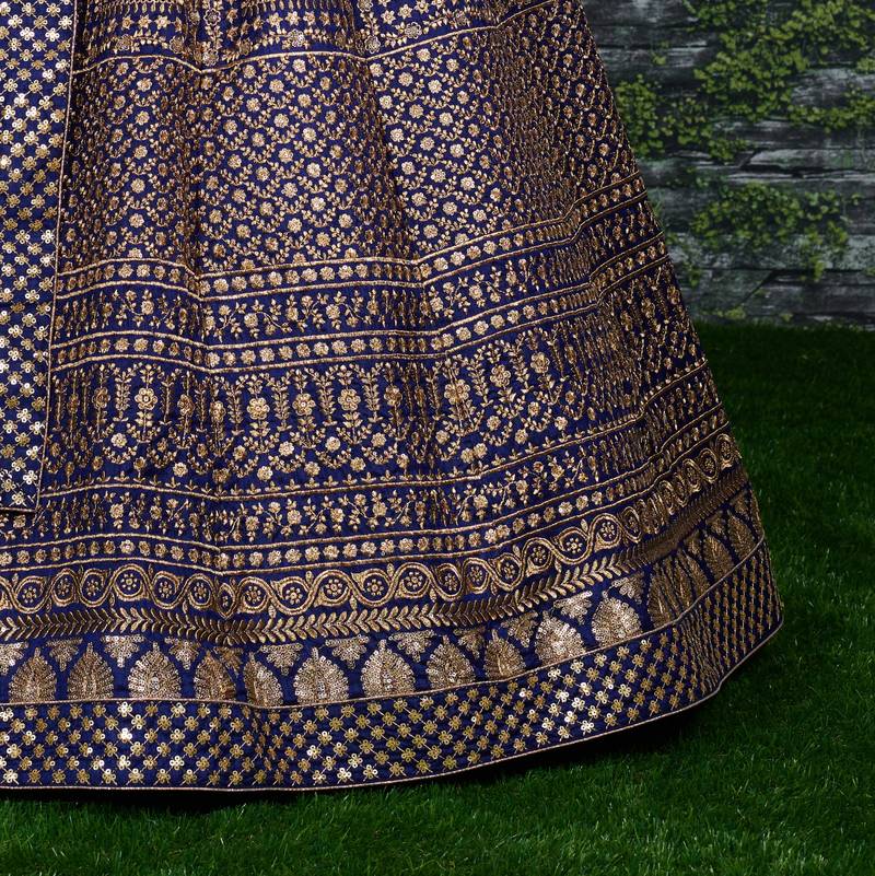 Navy Blue Zari &Glitter Sequins Embroidered Art Silk Party Wear Lehenga