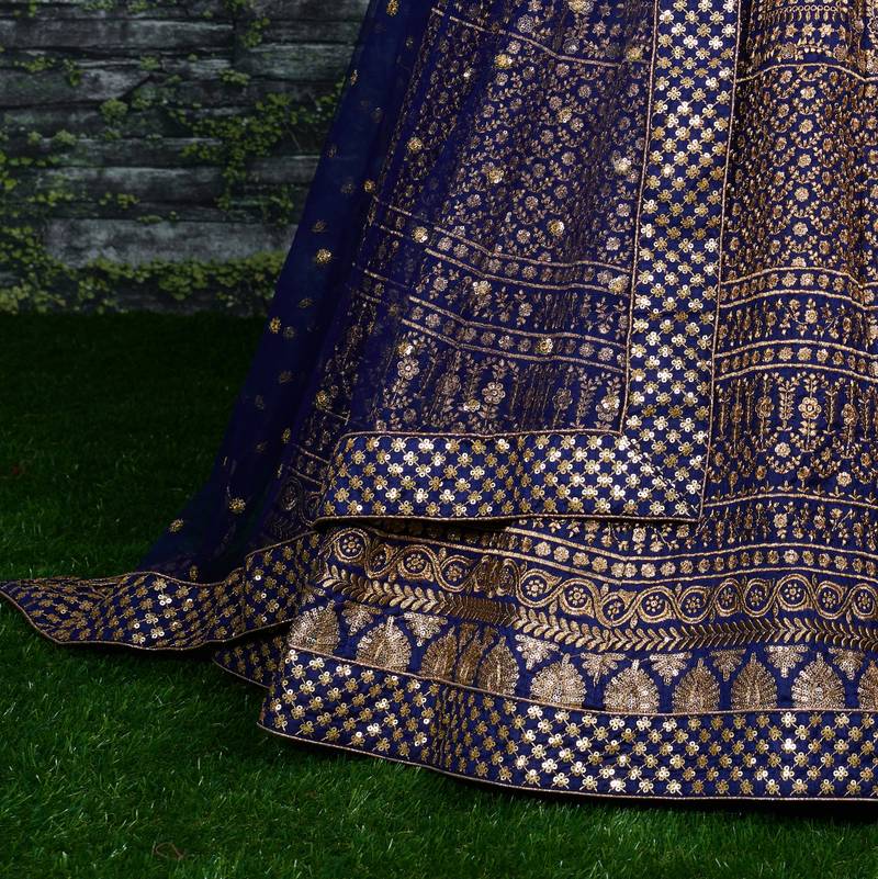 Navy Blue Zari &Glitter Sequins Embroidered Art Silk Party Wear Lehenga