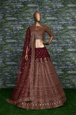 Mesmerizing Maroon Zari & Glitter Sequins Embroidered Art Silk wedding Lehenga 6