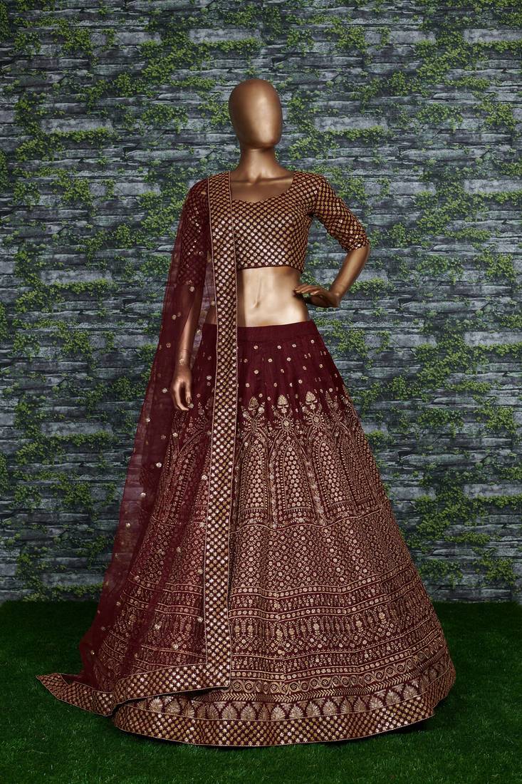 Mesmerizing Maroon Zari & Glitter Sequins Embroidered Art Silk wedding Lehenga