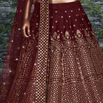 Mesmerizing Maroon Zari & Glitter Sequins Embroidered Art Silk wedding Lehenga 8