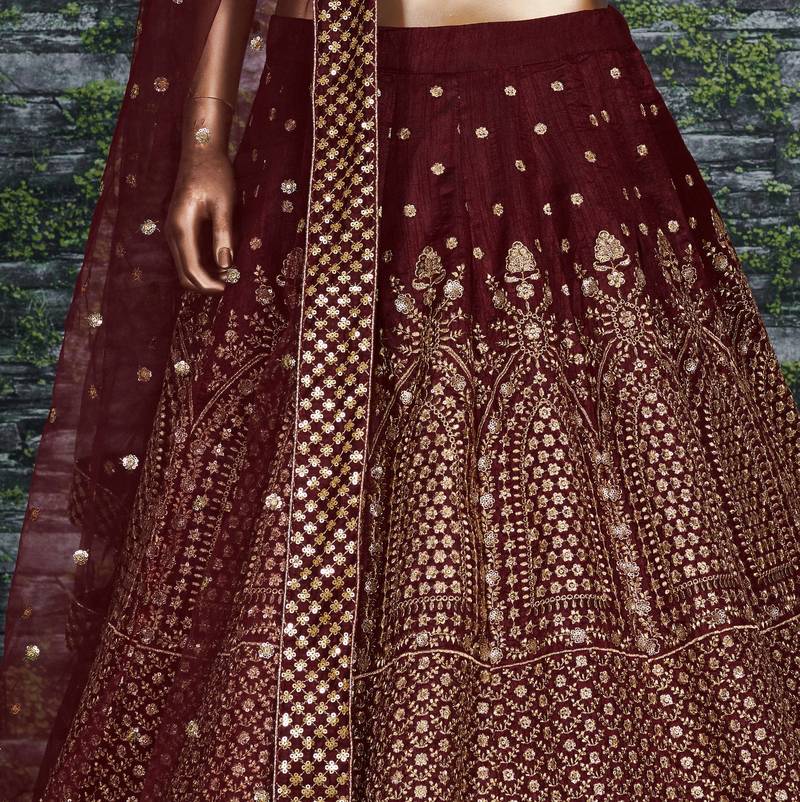 Mesmerizing Maroon Zari & Glitter Sequins Embroidered Art Silk wedding Lehenga