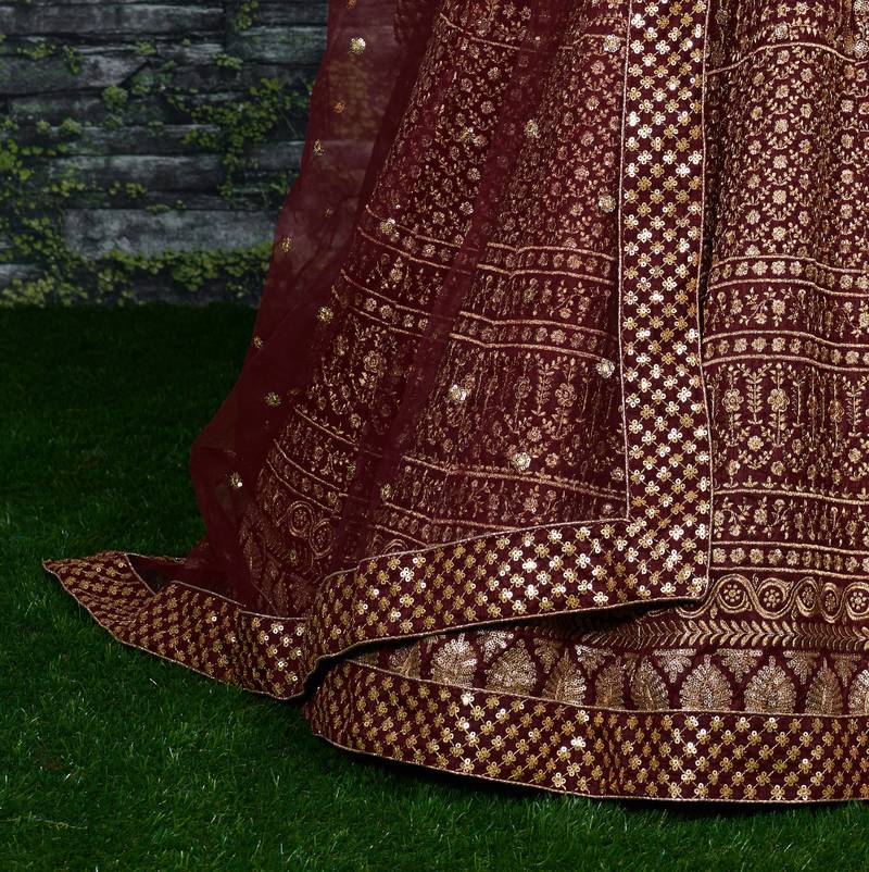 Mesmerizing Maroon Zari & Glitter Sequins Embroidered Art Silk wedding Lehenga