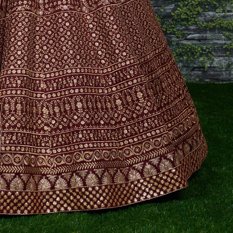 Mesmerizing Maroon Zari & Glitter Sequins Embroidered Art Silk wedding Lehenga