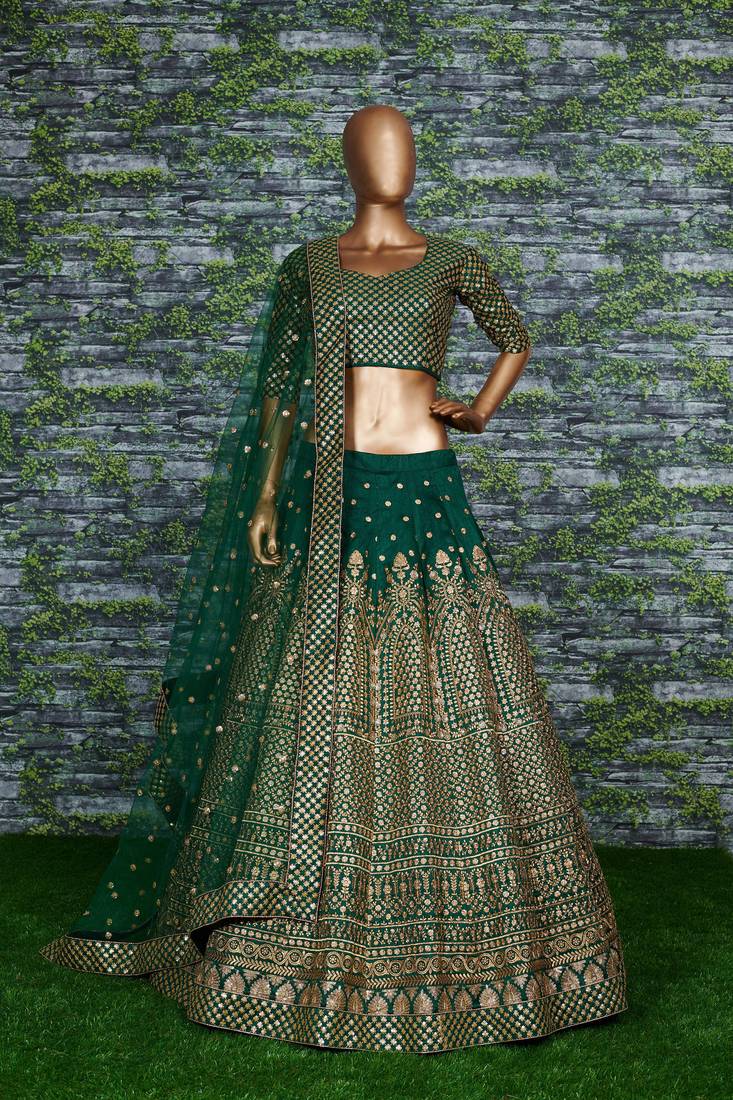 Marvelous Green Zari & Glitter Sequins Embroidered Art Silk Bridal Lehenga Choli