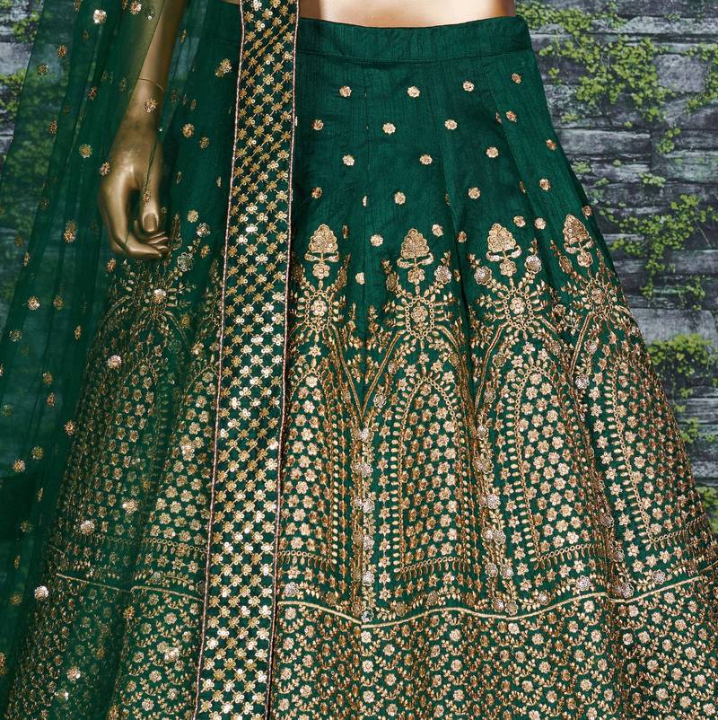 Marvelous Green Zari & Glitter Sequins Embroidered Art Silk Bridal Lehenga Choli