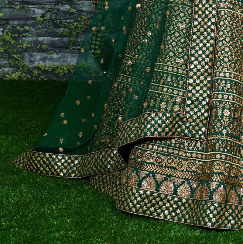 Marvelous Green Zari & Glitter Sequins Embroidered Art Silk Bridal Lehenga Choli