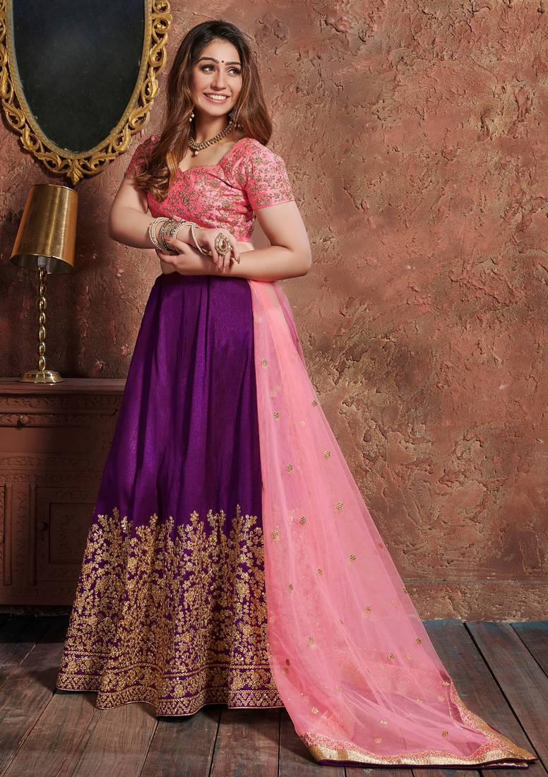 Pleasant Purple Sequins Embroidered Silk Wedding & Party Wear Lehenga