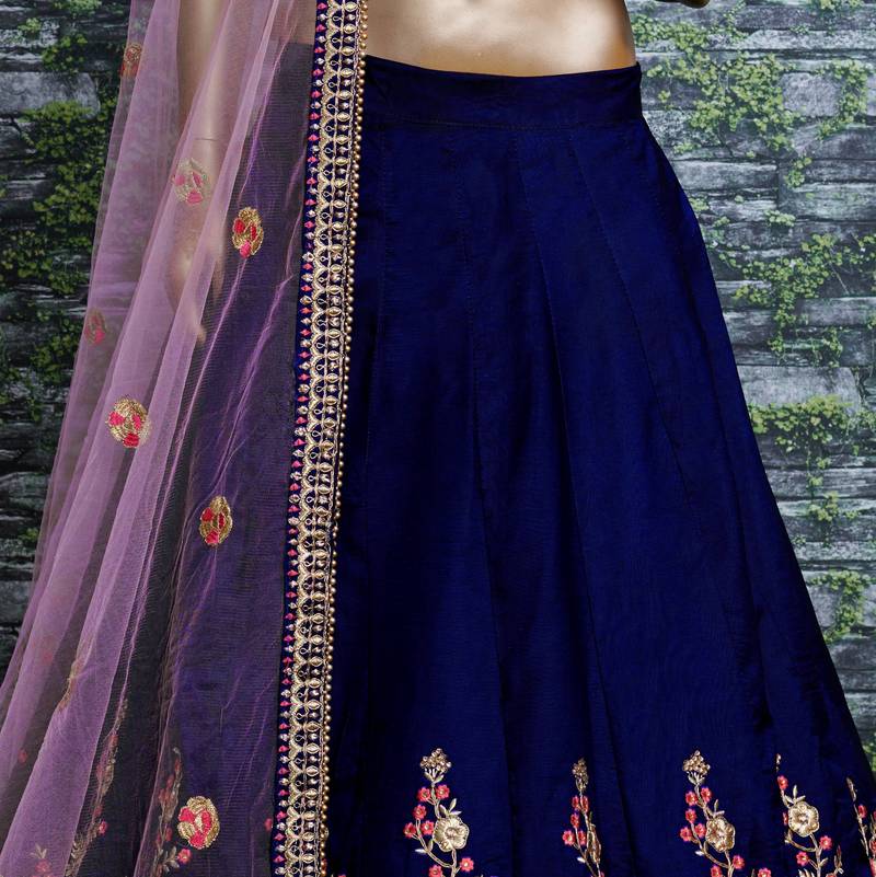 Dark Blue Thread Dori Zari And Embroidered With Diamond Work Taffeta Silk Semi Stitched Wedding Lehenga