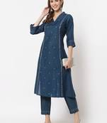 Blue printed art silk cotton-kurtis