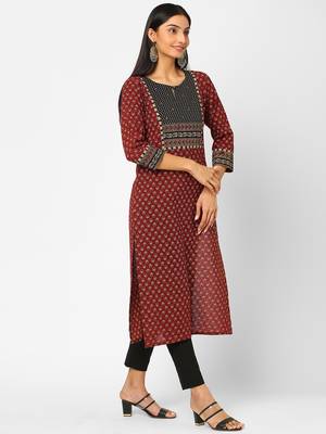 Maroon printed cotton cotton-kurtis 3