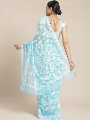 Ada Hand Embroidered Blue Faux Georgette Lucknow Chikankari Women Saree With Blouse - A130075 8
