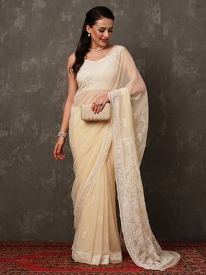 Women Hand Embroidered Fawn Faux Georgette Lucknow Chikankari Saree With Blouse 10