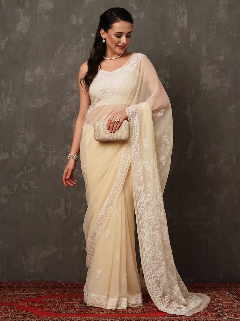 Women Hand Embroidered Fawn Faux Georgette Lucknow Chikankari Saree With Blouse