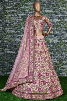 Baby Pink Dori Zari And Thread Embroidered Silk Bridal Lehenga