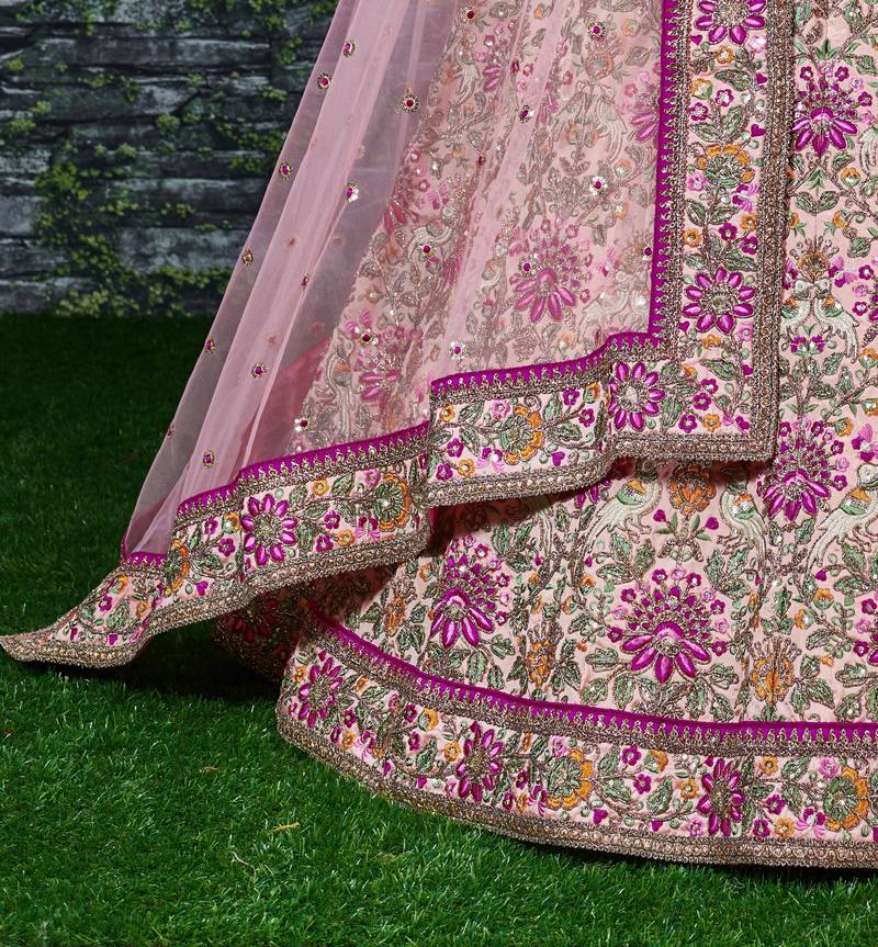 Captivating Baby Pink Dori, Zari and Thread Embroidered Silk Bridal Lehenga