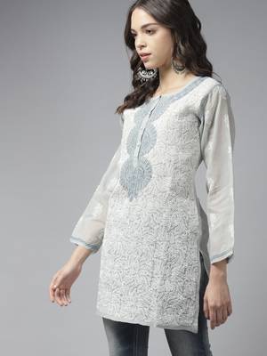Hand Embroidered Grey Cotton Lucknowi Chikan Women Kurti 8