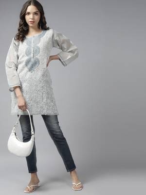 Hand Embroidered Grey Cotton Lucknowi Chikan Women Kurti 9