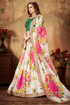 Cream Sequins Embroidered Organza Semi Stitched Floral Lehenga For Wedding