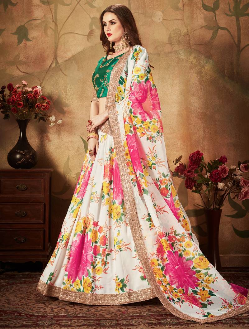 Cream Sequins Embroidered Organza Semi Stitched Floral Lehenga for wedding