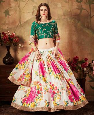Cream Sequins Embroidered Organza Semi Stitched Floral Lehenga For Wedding 4