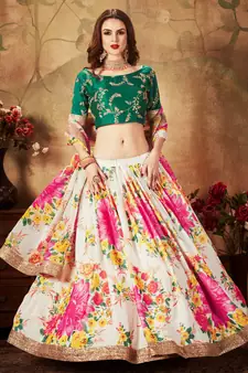 Cream Sequins Embroidered Organza Semi Stitched Floral Lehenga For Wedding