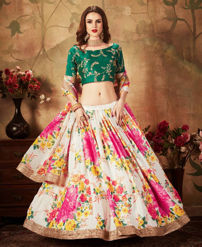 Cream Sequins Embroidered Organza Semi Stitched Floral Lehenga for wedding