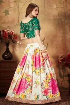 Cream Sequins Embroidered Organza Semi Stitched Floral Lehenga For Wedding
