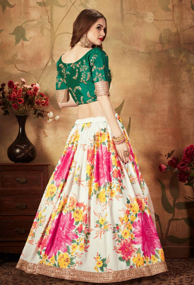 Cream Sequins Embroidered Organza Semi Stitched Floral Lehenga for wedding
