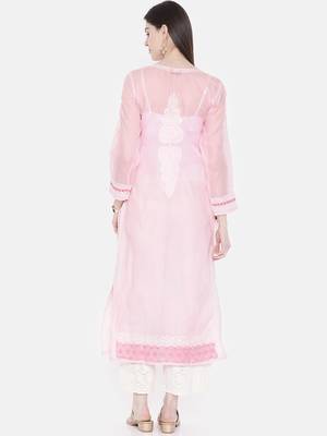 Ada Hand Embroidered Baby Pink Cotton Lucknowi Chikan Women Kurta - A254383 7