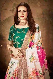 Cream Sequins Embroidered Organza Semi Stitched Floral Lehenga For Wedding