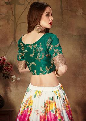Cream Sequins Embroidered Organza Semi Stitched Floral Lehenga For Wedding 7
