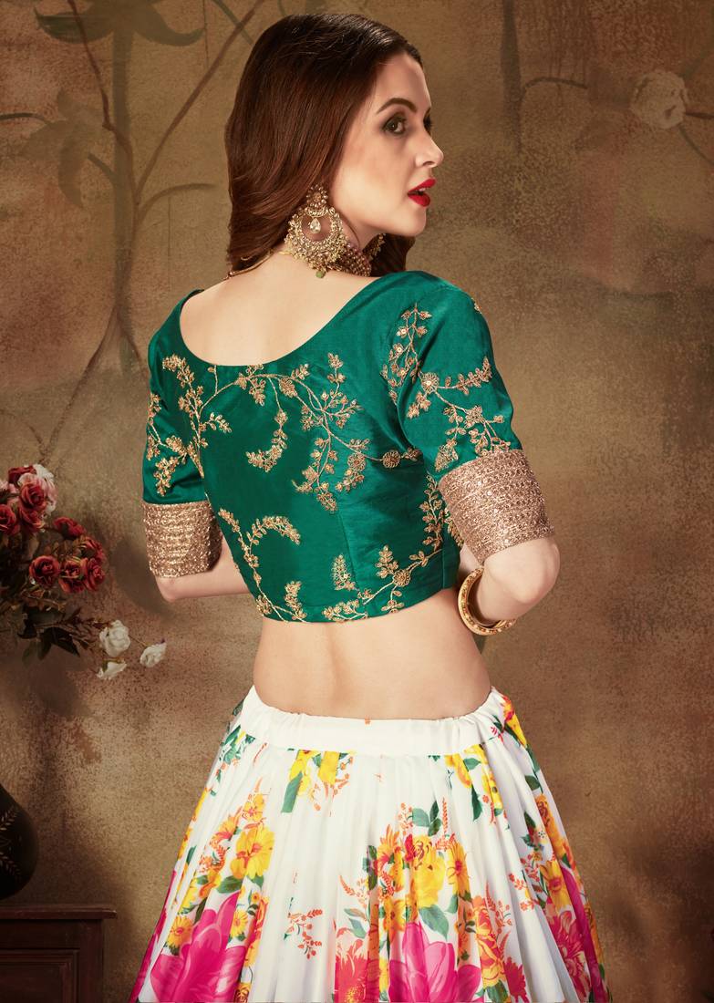 Cream Sequins Embroidered Organza Semi Stitched Floral Lehenga for wedding