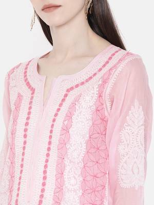 Ada Hand Embroidered Baby Pink Cotton Lucknowi Chikan Women Kurta - A254383 9