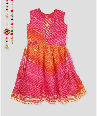 Kinder Kids Gold Foil Bandhani Printed Kota Dress -Pink 1