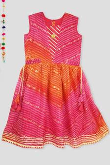 Kinder Kids Gold Foil Bandhani Printed Kota Dress -Pink