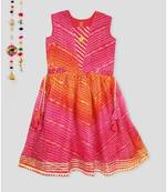 Kinder Kids Gold Foil Bandhani Printed Kota Dress -Pink
