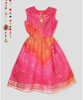 Kinder Kids Gold Foil Bandhani Printed Kota Dress -Pink 2