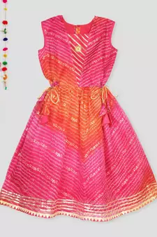 Kinder Kids Gold Foil Bandhani Printed Kota Dress -Pink