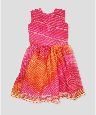 Kinder Kids Gold Foil Bandhani Printed Kota Dress -Pink 3