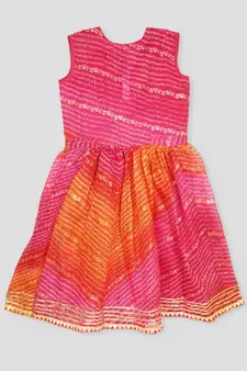 Kinder Kids Gold Foil Bandhani Printed Kota Dress -Pink