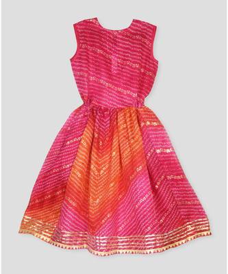 Kinder Kids Gold Foil Bandhani Printed Kota Dress -Pink 4