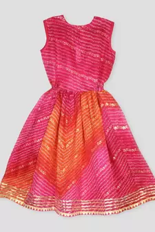 Kinder Kids Gold Foil Bandhani Printed Kota Dress -Pink