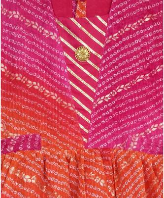 Kinder Kids Gold Foil Bandhani Printed Kota Dress -Pink 5