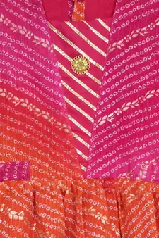 Kinder Kids Gold Foil Bandhani Printed Kota Dress -Pink